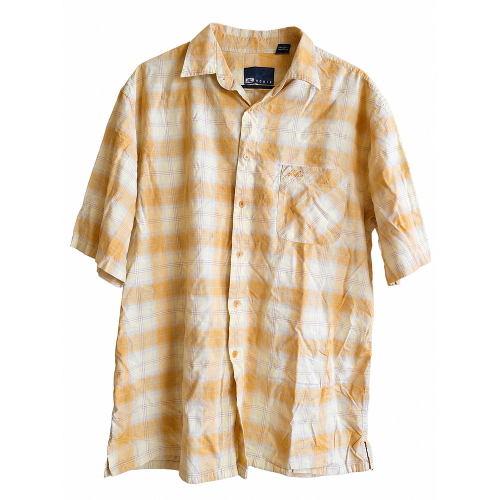Vintage Hobie Yellow Plaid Button Up Shirt Men's Large Modal Rayon Cotton Surf